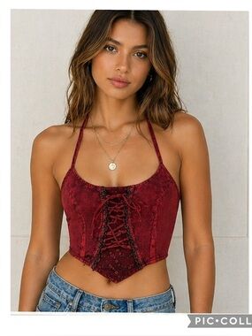 Kirra Y2K Halter Lace-Up Corset Top Burgundy Wrap Back Festival Boho Rayon Soft